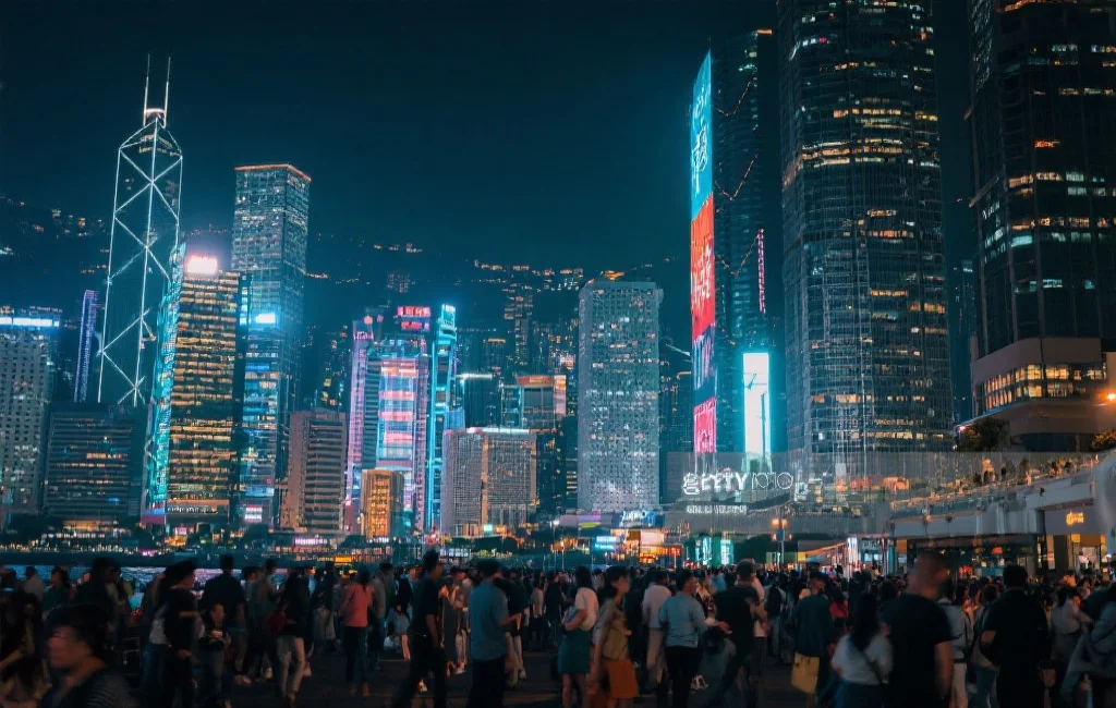 现代香港城市夜景,高楼林立,霓虹灯下熙熙攘攘的人群象征城市生活与文化活力